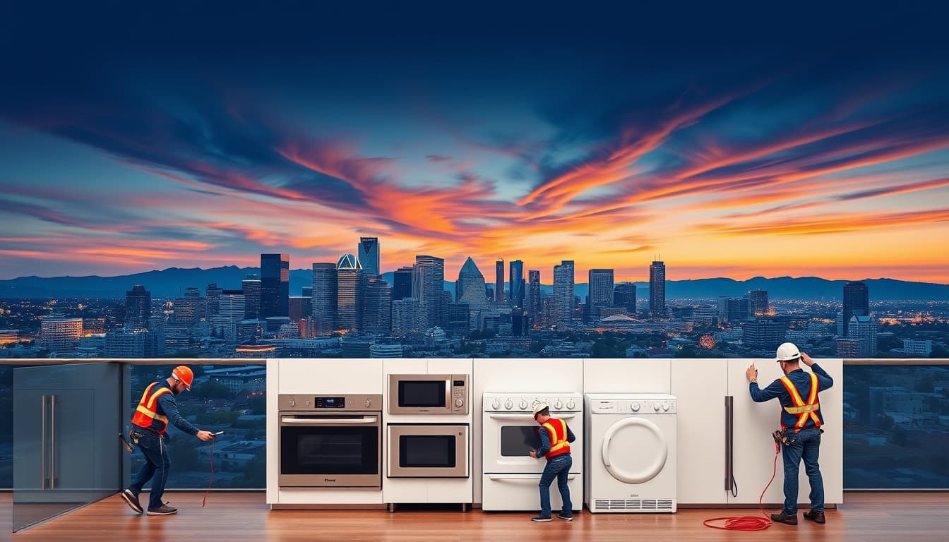 a stunning urban skyline of denver at sunset, with iconic landmarks visible, and a modern kitchen in the foreground showcasing various appliances being installed. include electricians working on the appliances, with tools and safety gear, emphasizing the theme of home improvement and urban living.