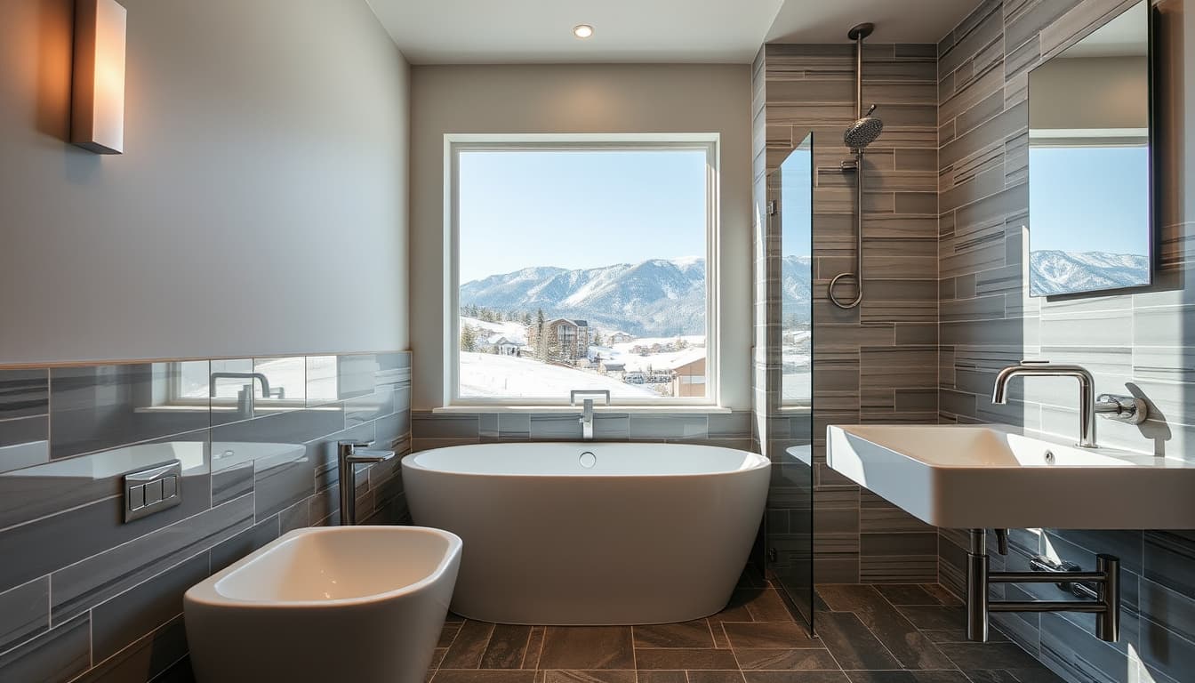a beautifully remodeled bathroom in a modern denver home, featuring sleek fixtures and elegant tiles, with subtle highlights of construction elements like plumbing and electrical wiring that adhere to building codes, surrounded by a scenic mountain view through a window.