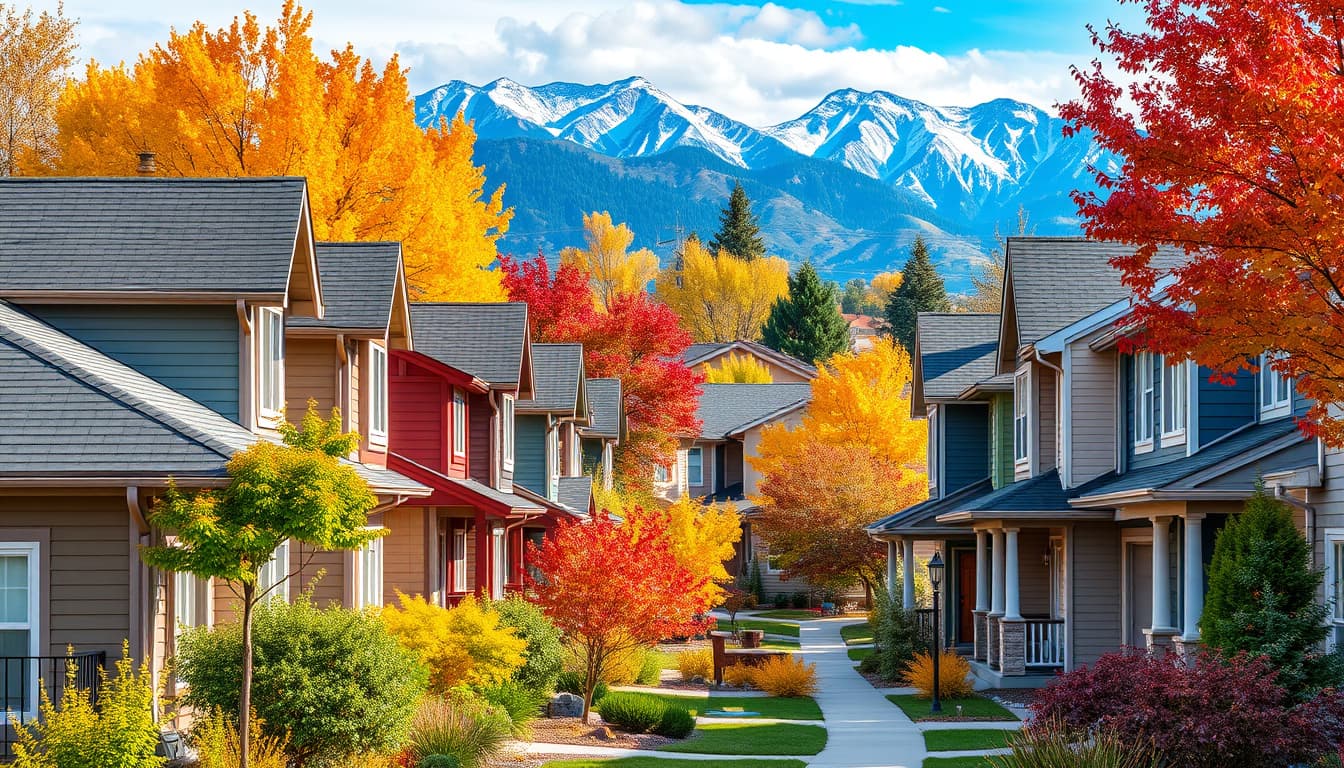 a serene denver neighborhood showcasing a variety of homes with updated siding and gutters, surrounded by the vibrant colors of autumn foliage. the background includes the majestic rocky mountains, creating a picturesque and inviting atmosphere.