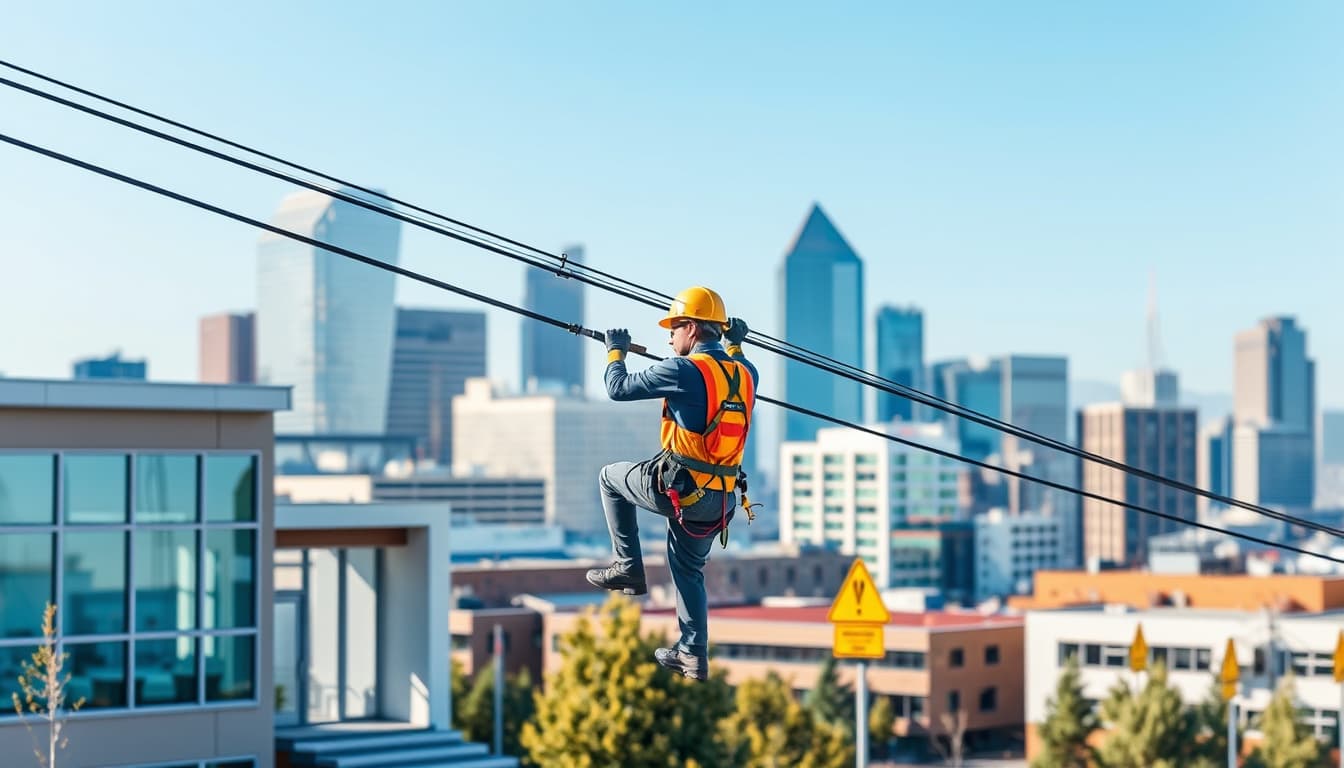 a cityscape of denver with a modern home, showcasing an electrician working on electrical wires with important code safety features, including a checklist and caution signs in the background, under a clear blue sky.