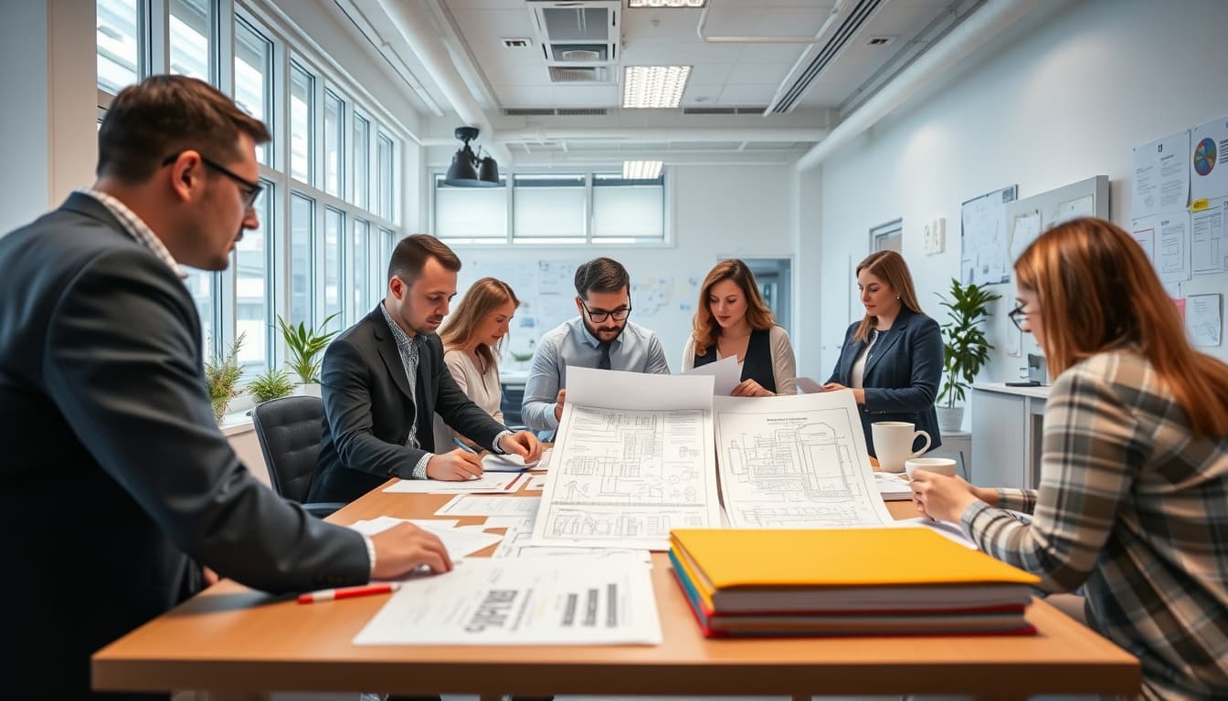 a detailed and organized hvac permit application scene in a bright, bustling office, showcasing an array of necessary documents, blueprints, and hvac equipment schematics, with a focus on a diverse group of professionals discussing and collaborating over the paperwork.