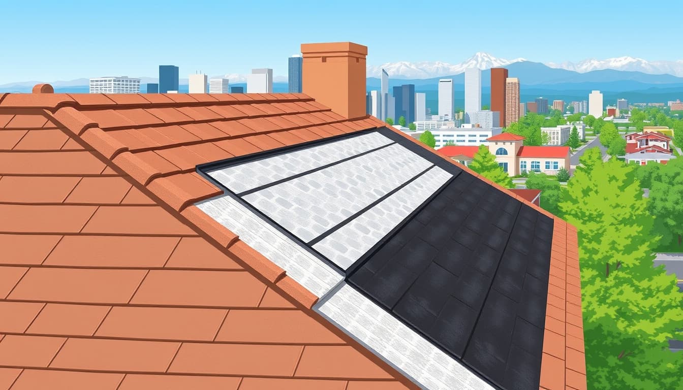 a detailed illustration of a residential roof in denver showing various types of roof flashing and underlayment materials, with a backdrop of the denver skyline and mountains. emphasize the textures, colors, and structural elements that are essential for roof waterproofing and protection.