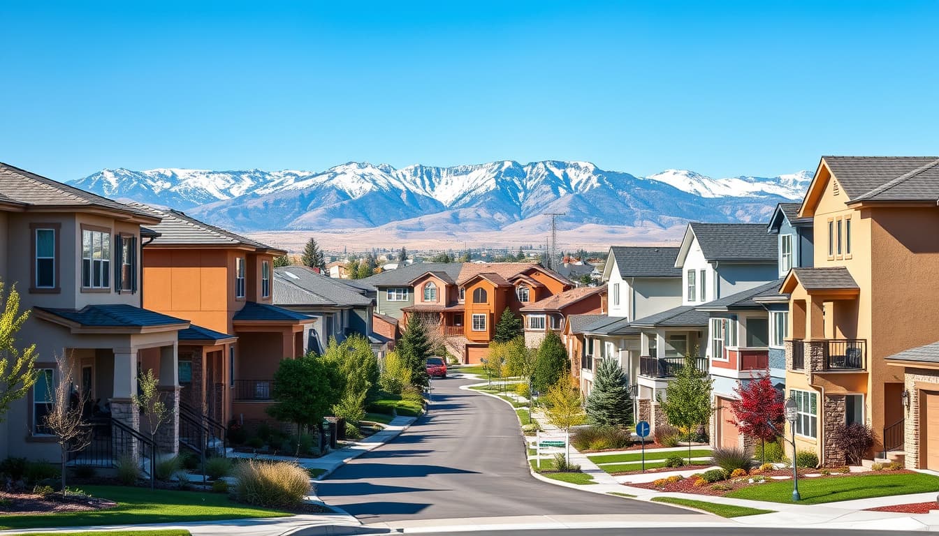 a residential neighborhood in denver showcasing various styles of homes, with a focus on concrete construction elements and landscaping, featuring clear blue skies and majestic mountains in the background.