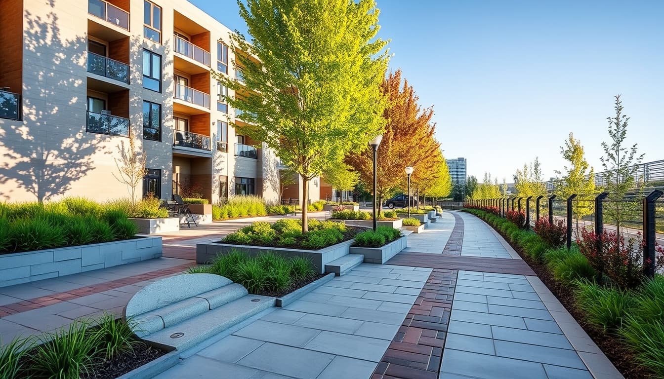a serene urban landscape in denver showcasing a contrast between hardscaping and landscaping, with modern stone pathways and decorative patios seamlessly integrated with lush green gardens and trees, under a bright blue sky.