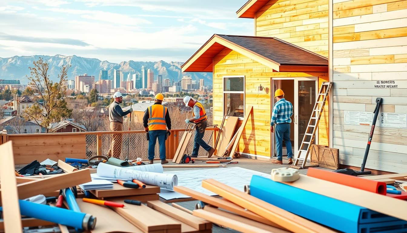 a picturesque scene depicting a denver home remodel in progress, highlighting workers with tools, blueprints scattered around, construction materials in the foreground, and a backdrop of the denver skyline and rocky mountains. the atmosphere captures both the excitement and chaos of renovation, emphasizing the importance of proper permit and planning.