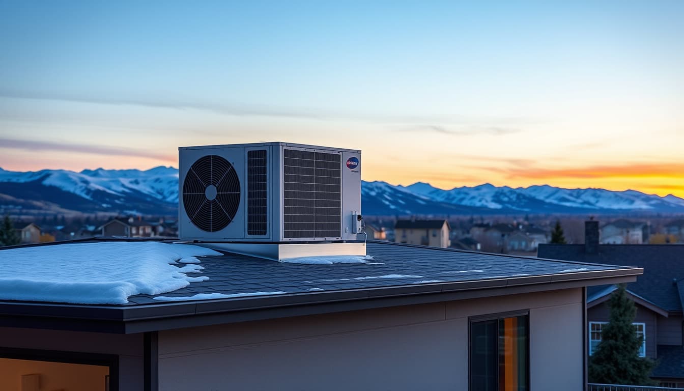 a modern denver home featuring a rooftop hvac unit, with snow-capped mountains in the background and clear blue skies. the scene showcases the integration of technology into residential architecture, highlighting the unit's sleek design against a colorful sunset.