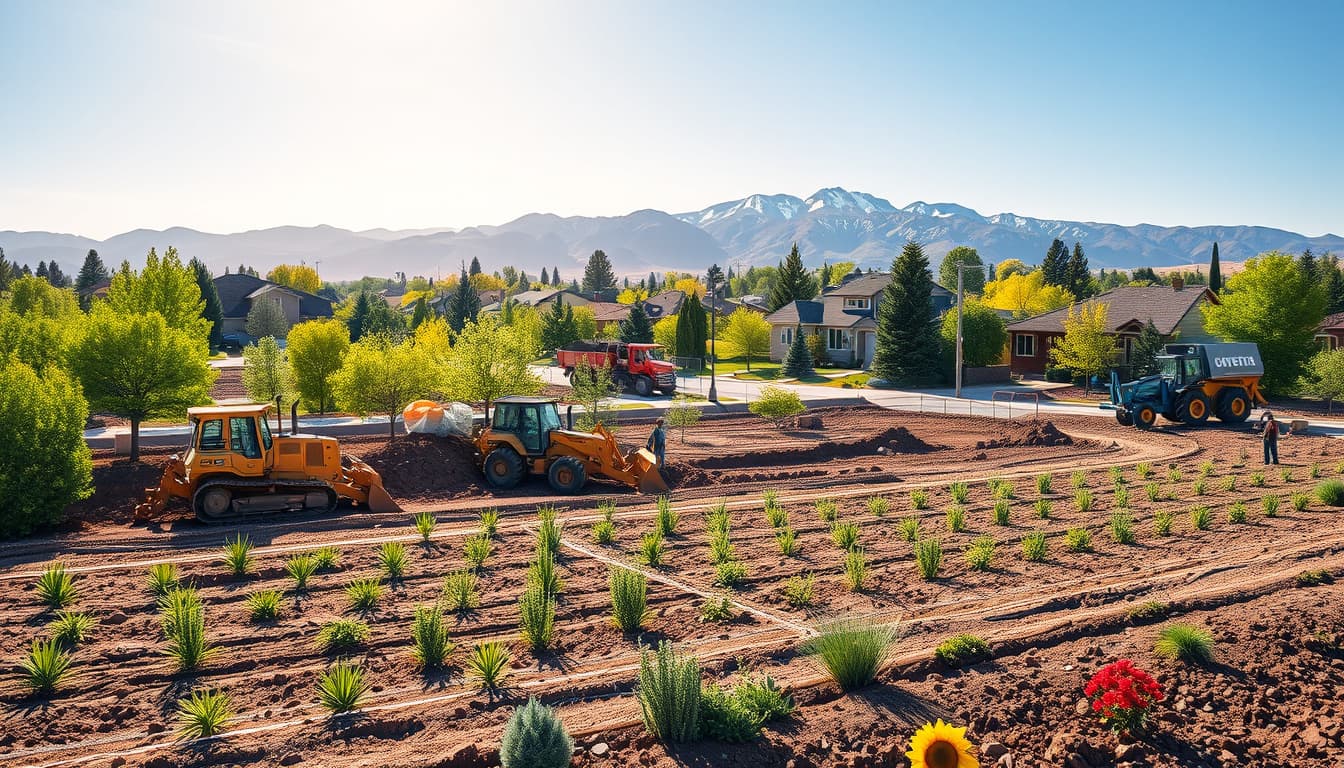 a detailed landscape scene of a denver neighborhood under construction, featuring workers grading soil, vibrant green trees and flowers, and mountains in the background. the image should showcase heavy machinery like bulldozers and excavators, along with outlined areas for planting and landscaping, to illustrate the process of preparing land for gardening.