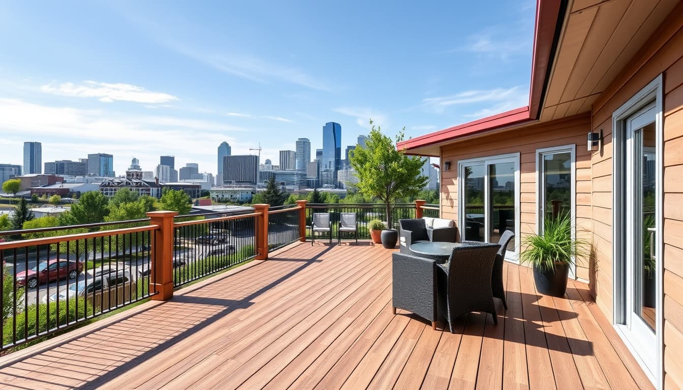 a serene outdoor deck scene in denver, showcasing various types of decking materials and design elements. highlight safety features such as railings and proper spacing, with a backdrop of the denver skyline against a clear blue sky, emphasizing a well-maintained and inviting atmosphere.