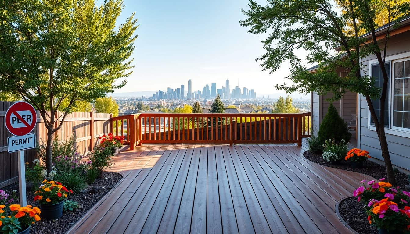 a scenic view of a residential backyard in denver featuring a beautiful wooden deck under construction, surrounded by colorful flower beds and trees, with a skyline of the city in the background. the scene conveys a sense of blissful summer yet hints at potential tension with a discreet 'no permit' sign posted nearby.