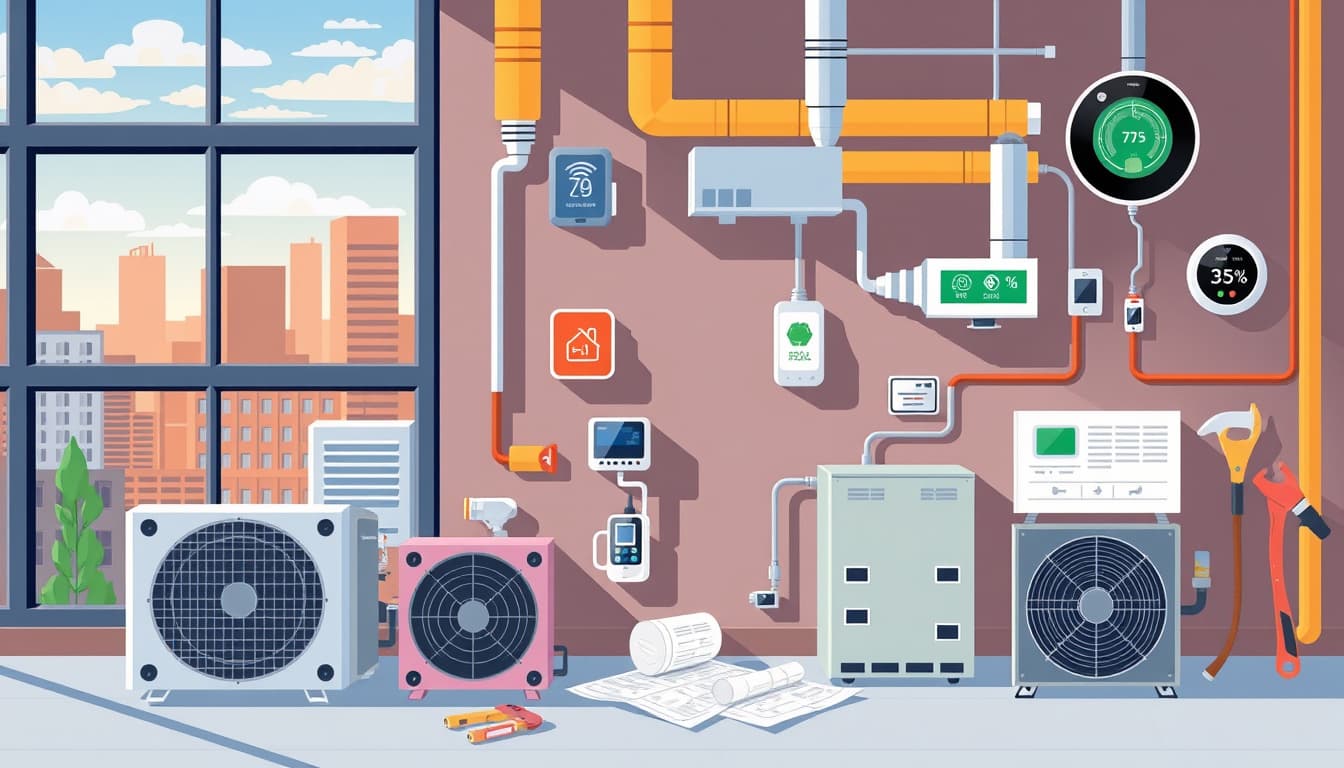 a detailed illustration of various hvac systems in a modern building, showcasing energy-efficient units, air ducts, and smart thermostats, set against a backdrop of the denver skyline. include visual indicators of construction permits, such as blueprints and tools, to emphasize regulatory themes.