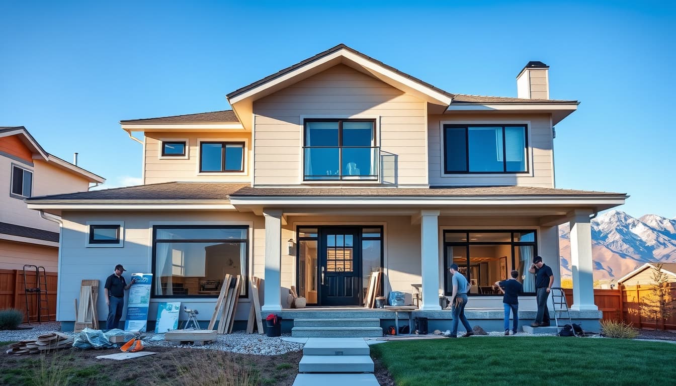 a modern denver home undergoing a stylish renovation, showcasing a beautiful exterior with construction tools and materials visible, alongside a team of remodelers in action. the atmosphere conveys creativity and professionalism, with the rocky mountains in the background under a clear blue sky.