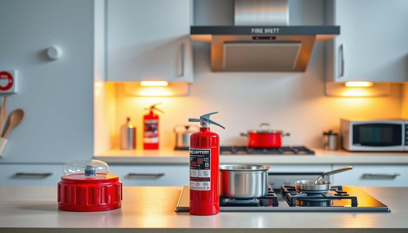 a modern kitchen featuring fire safety equipment, including a fire extinguisher and smoke alarms, alongside various cooking appliances. brightly lit with a warm atmosphere, showing a stove with pots and pans, emphasizing safety measures in a culinary setting.