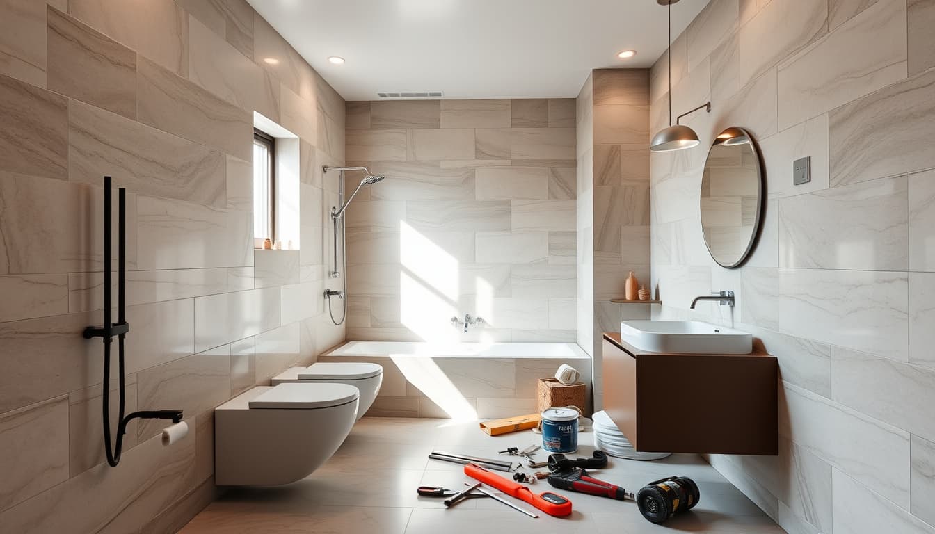 a modern, stylish bathroom with sleek fixtures and contemporary design elements, featuring a mix of elegant tiles and natural light pouring in through a window. show a partially renovated space with tools and materials scattered, highlighting a blend of diy home improvement and professional touches.
