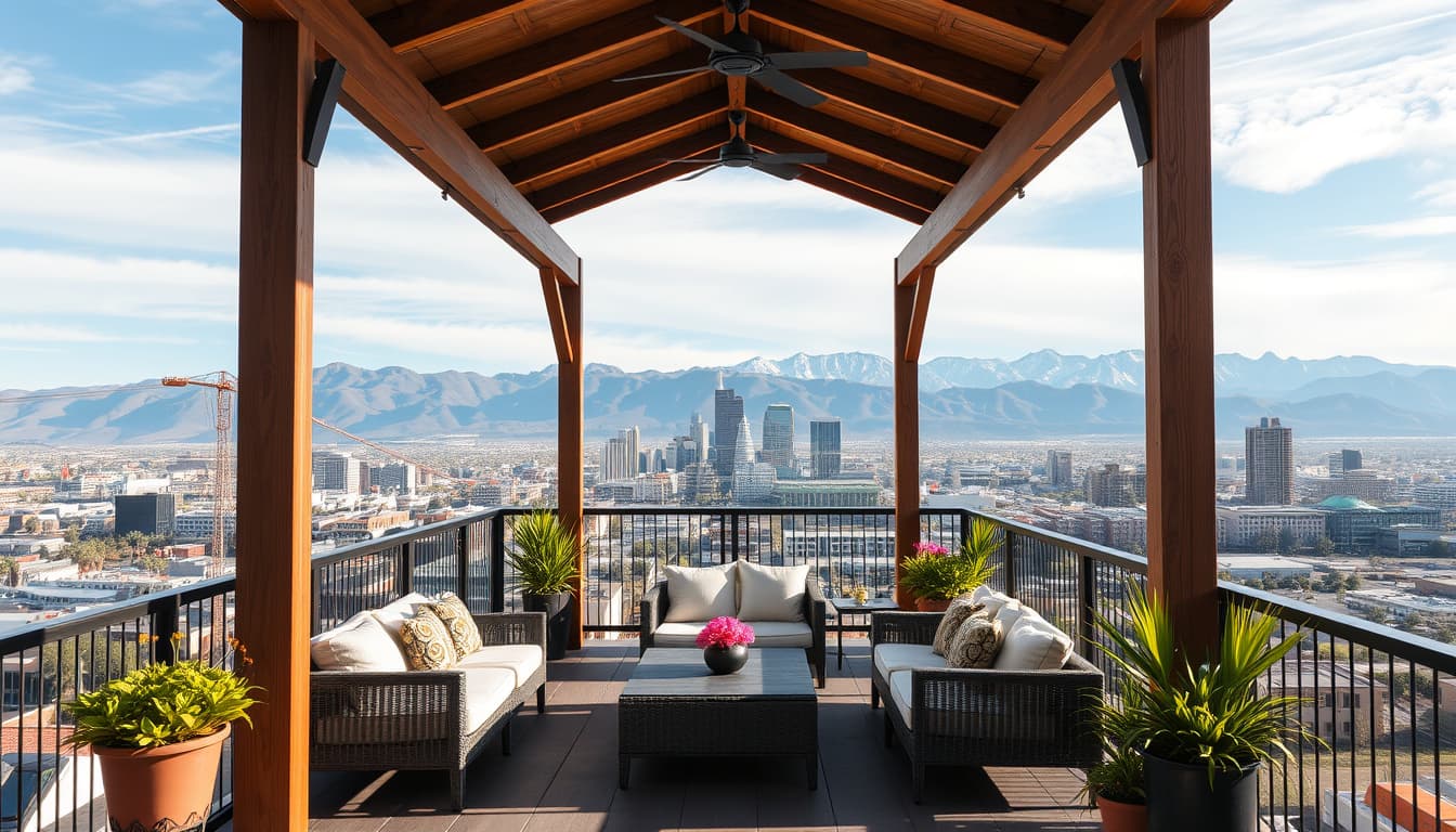 a cozy covered deck overlooking the cityscape of denver, with stunning views of the rocky mountains in the background. the scene features wooden beams supporting a stylish roof, comfortable outdoor furniture, and vibrant potted plants, creating an inviting atmosphere.