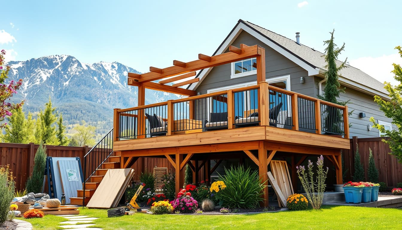 an outdoor scene depicting a cozy raised deck in a denver backyard, showcasing mountain views in the background, surrounded by colorful flowers and plants, with construction tools and materials nearby. the deck features wooden beams and a stylish railing, highlighting a blend of nature and home improvement themes.