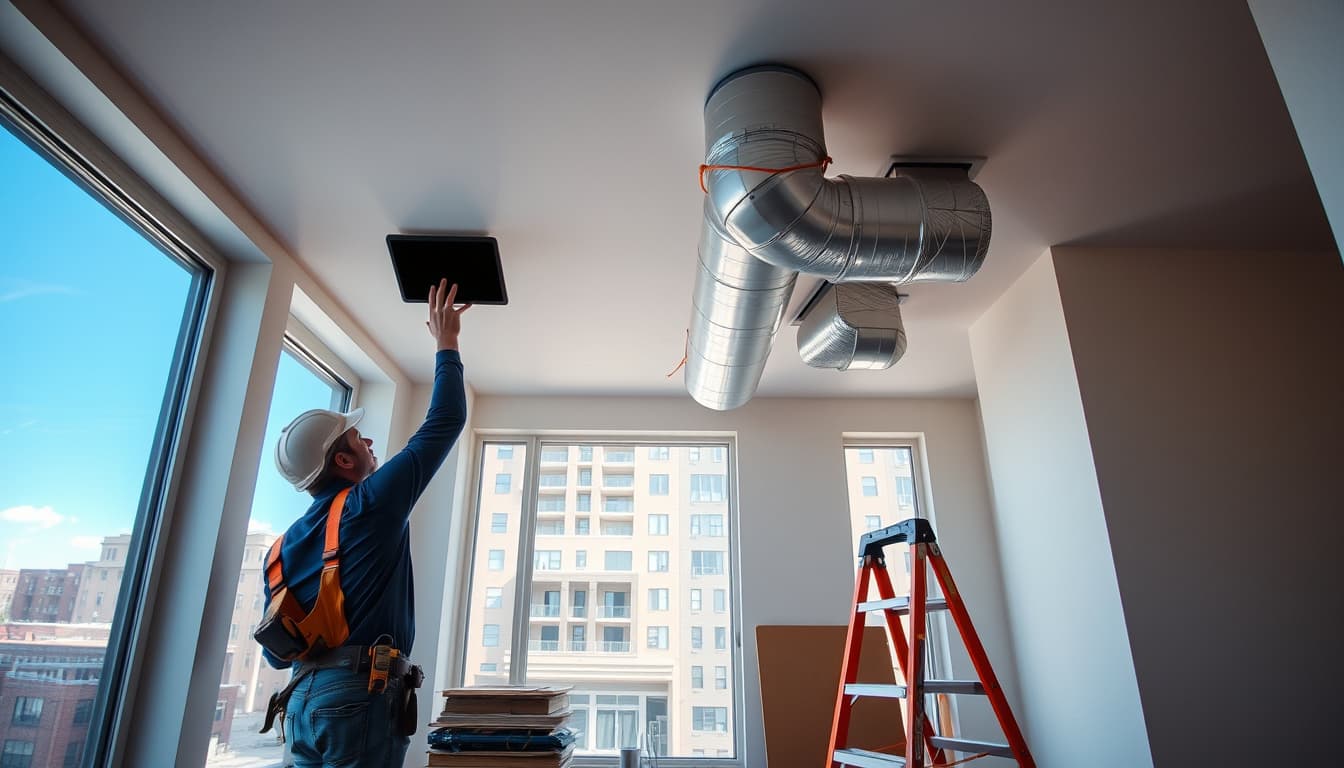 a construction scene in denver showing a residential interior with ductwork being moved or installed, featuring a contractor examining the ceiling with tools and a ladder nearby, set against a backdrop of urban architecture through a window.