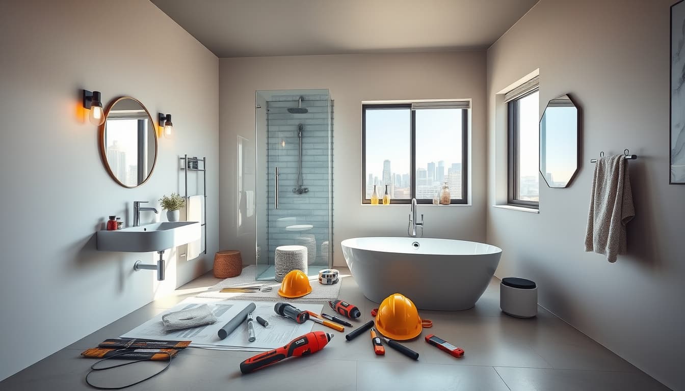 a modern bathroom remodel scene in a denver home, featuring stylish fixtures and decor, with a focus on construction tools and safety equipment, highlighting an organized workspace and design plans laid out. the background shows hints of the denver skyline through a window, emphasizing urban aesthetics.