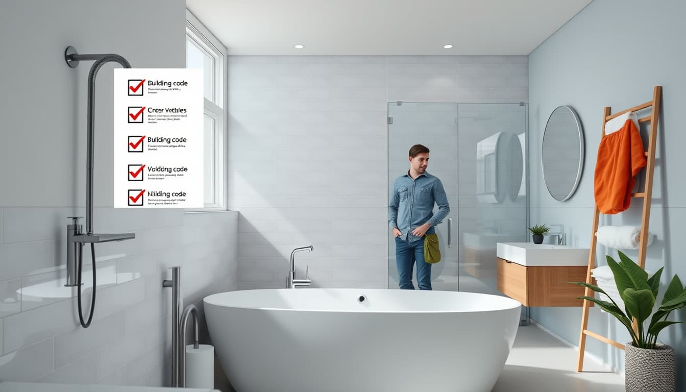 a cozy, modern bathroom renovation scene showcasing sleek fixtures, stylish tiles, and fresh paint. include elements like a checklist with common building code violations subtly integrated into the background, and a contractor consulting with a homeowner, emphasizing the importance of compliance and safety in home improvements.