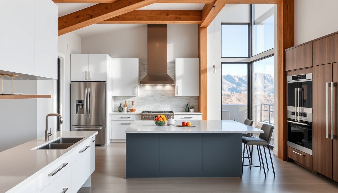 a modern kitchen remodel featuring stylish cabinets, elegant countertops, and contemporary appliances, with a focus on architectural elements that highlight load-bearing walls. the scene reflects a denver-inspired design aesthetic, incorporating natural light and mountain views through large windows.