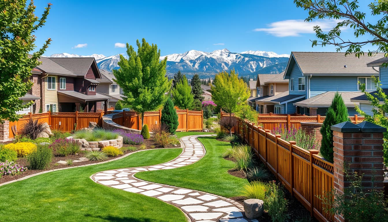 a picturesque denver neighborhood showcasing various landscaping projects, including beautifully manicured gardens, stone pathways, and intricate wooden fences. the image should evoke a sense of outdoor design, local flora, and regulations with visual cues like marked project areas or subtle indications of permits, surrounded by the rocky mountains in the backdrop.