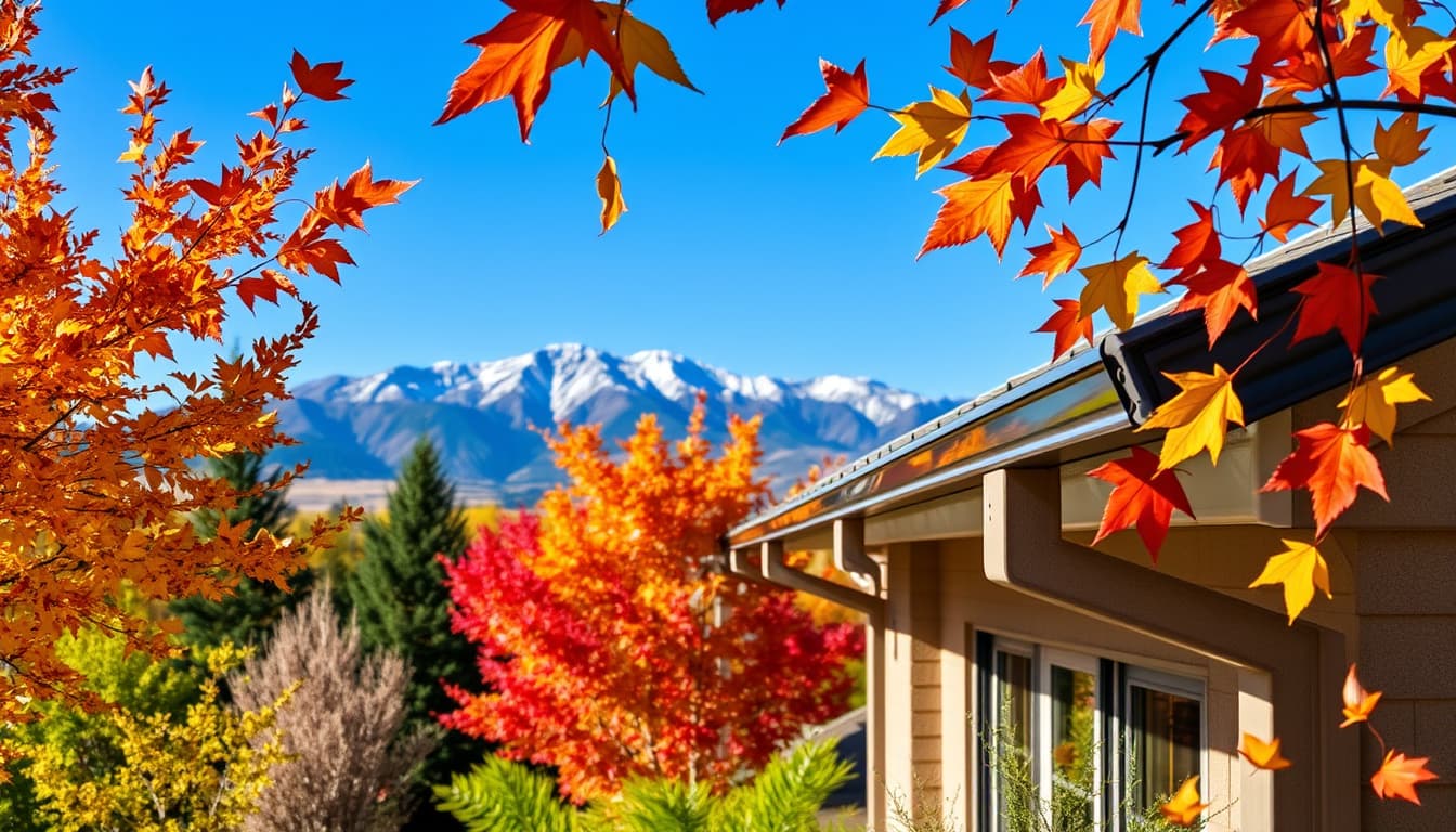 a scenic view of a suburban denver home showcasing beautifully installed gutter guards and leaf protection in vibrant autumn, with colorful leaves falling around. the background features the majestic rocky mountains and a clear blue sky.