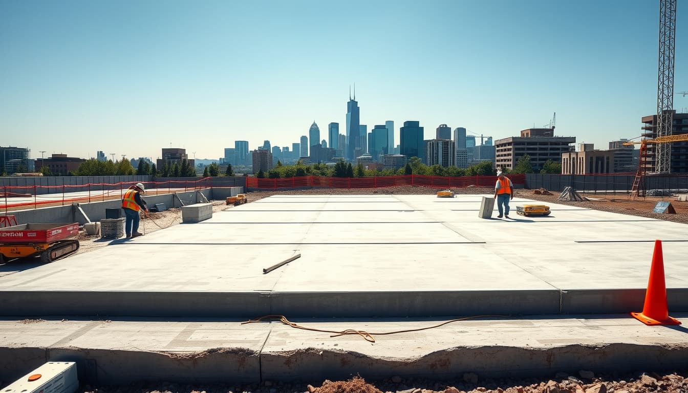 a construction site in denver showcasing concrete pads and slabs, featuring a clear skyline of denver in the background, with workers in safety gear carefully measuring and pouring concrete, surrounded by construction equipment and materials.
