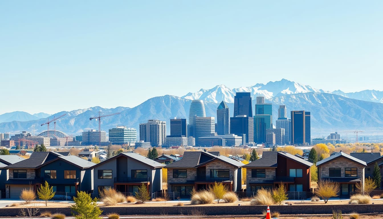 a scenic view of denver’s skyline with modern homes showcasing masonry design elements, juxtaposed against the rocky mountains in the background. include visual cues that represent building codes like a ruler, construction helmet, and safety cones, subtly integrated into the landscape.