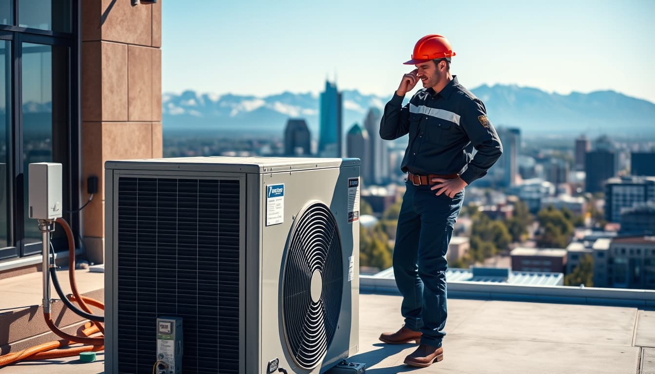 a detailed scene of a professional hvac inspection in a modern denver setting, featuring a technician in uniform examining an air conditioning unit on the roof of a contemporary building with the denver skyline in the background, showcasing the rocky mountains in the distance and clear blue skies.