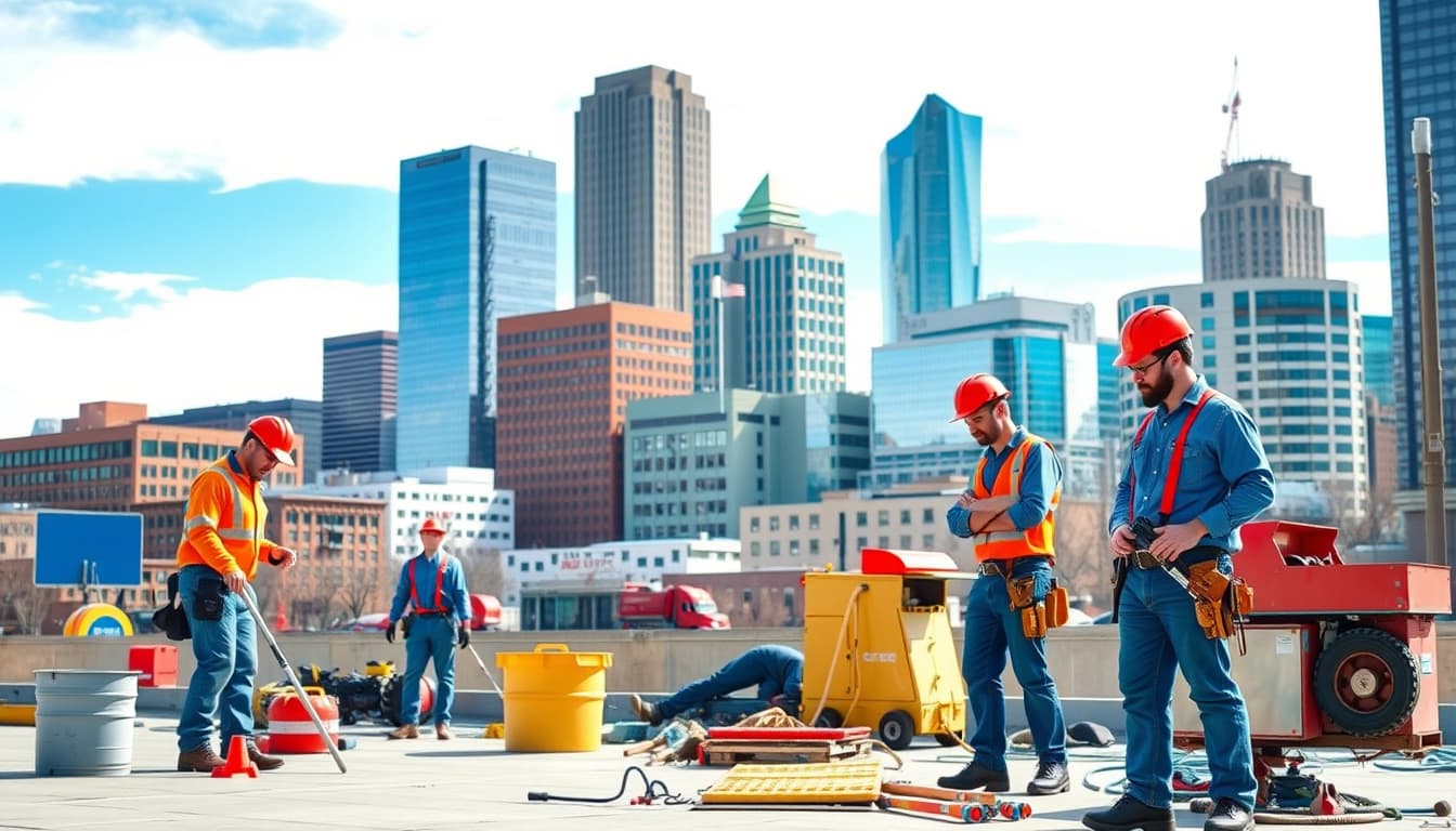 a bustling urban scene in denver featuring plumbers at work, with an emphasis on tools and equipment. the background shows iconic city buildings and a clear blue sky, highlighting a sense of professionalism and the importance of following building codes.