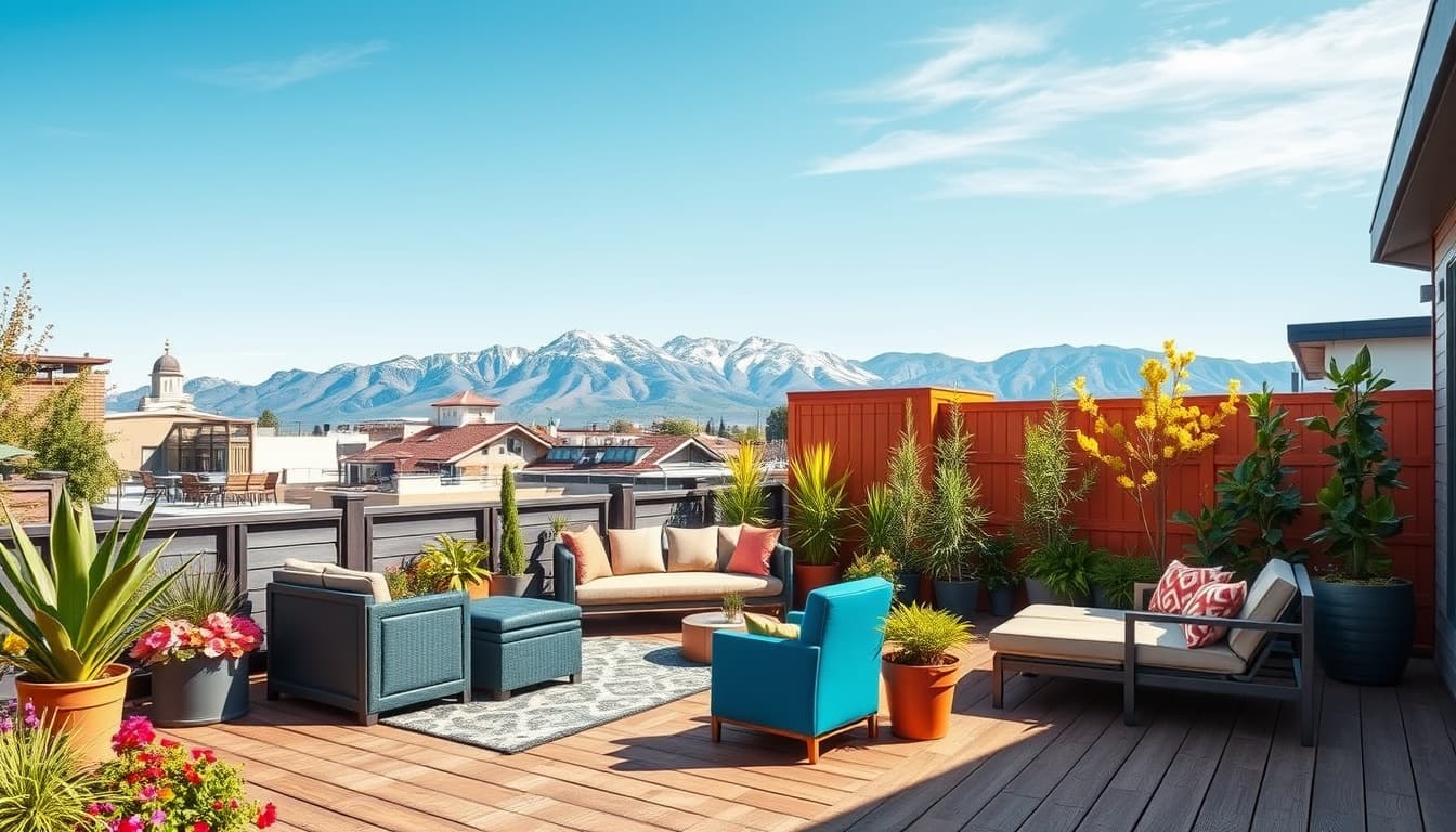 a vibrant urban backyard in denver featuring a stylish, permit-free wooden deck, surrounded by colorful plants and outdoor furniture, with the rocky mountains in the background under a clear blue sky.