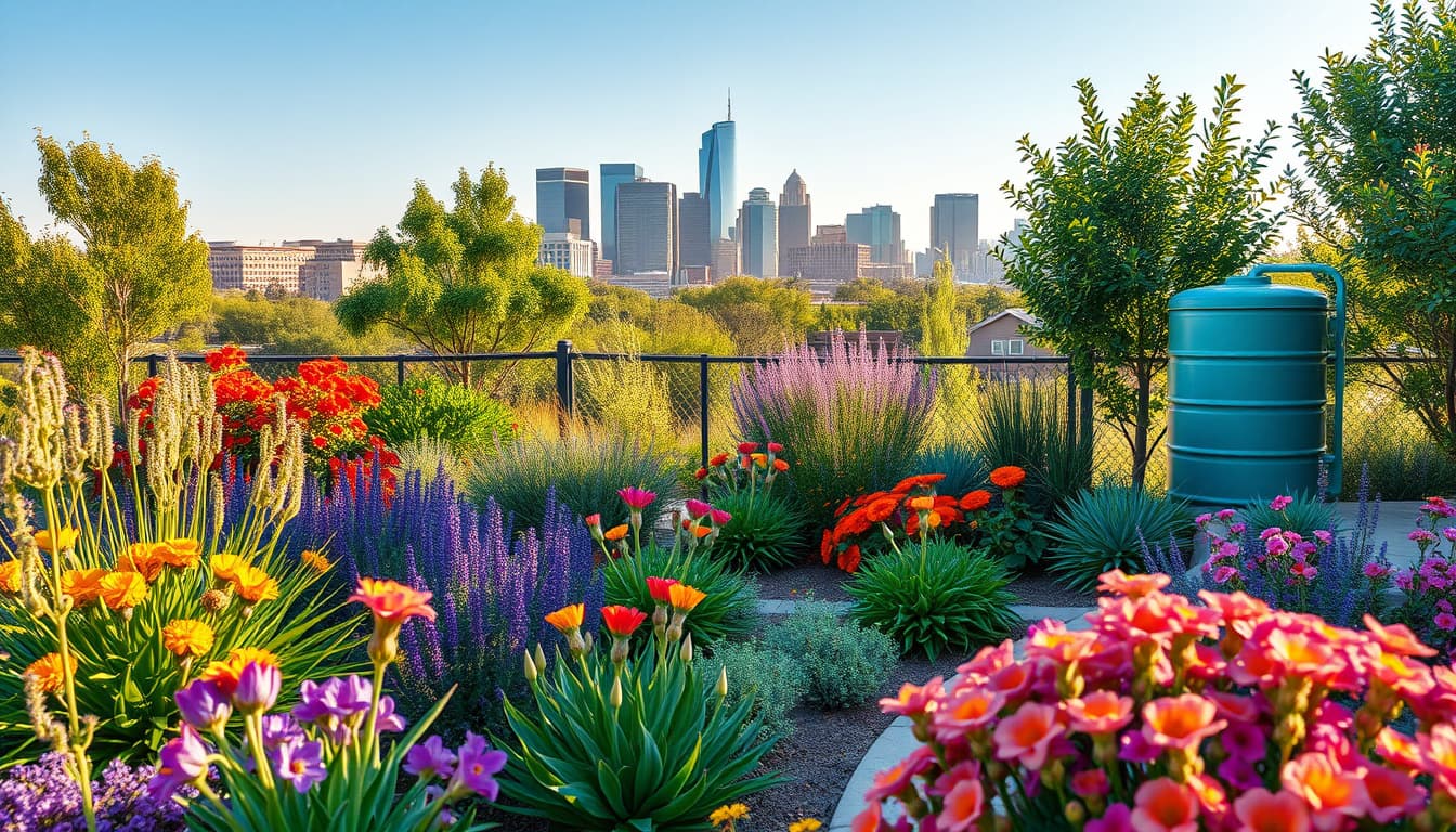 a vibrant garden landscape designed for water conservation, featuring native plants, drought-resistant flowers, and efficient irrigation systems, set against the backdrop of a sunny denver skyline. include elements like rain barrels, permeable paving, and xeriscaping techniques to showcase an eco-friendly and sustainable approach to landscaping.