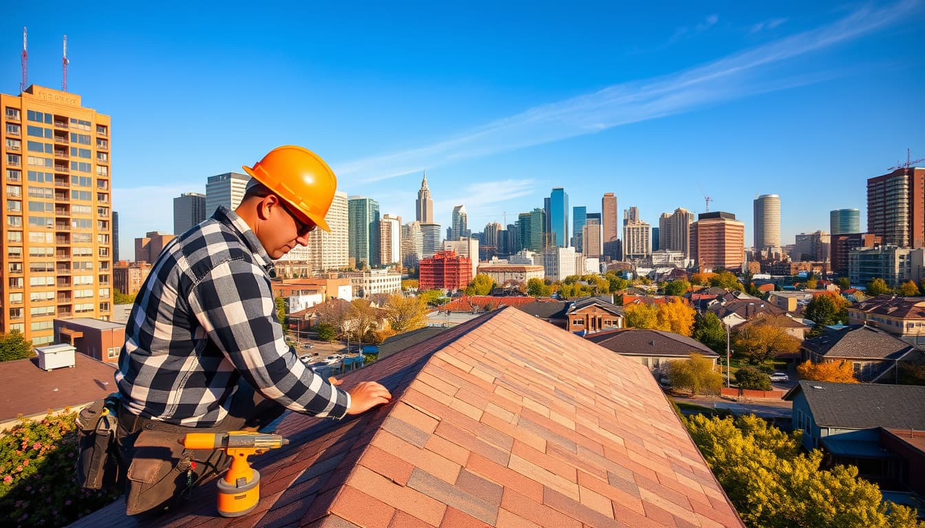 a bustling urban scene in denver, showcasing a skyline with iconic buildings, where a licensed roofer inspects a residential roof, surrounded by construction tools and a vibrant neighborhood. the sunlight casts warm tones, highlighting the blue sky above and the intricate details of the roof's design.
