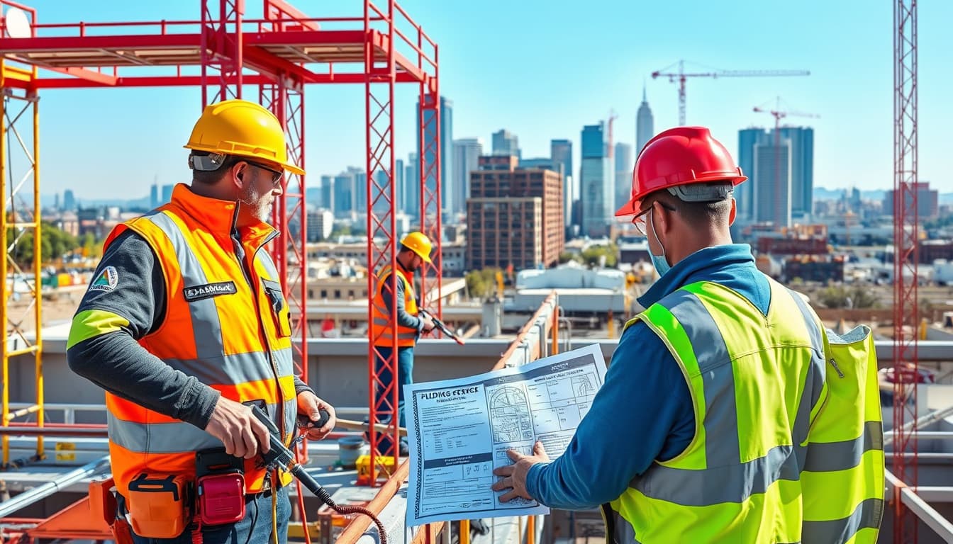 a busy construction site in denver with electricians at work, showing various electrical tools, safety equipment, and a city skyline in the background. the scene emphasizes the importance of safety and compliance in electrical installations, featuring colorful scaffolding and building permits visible on-site.