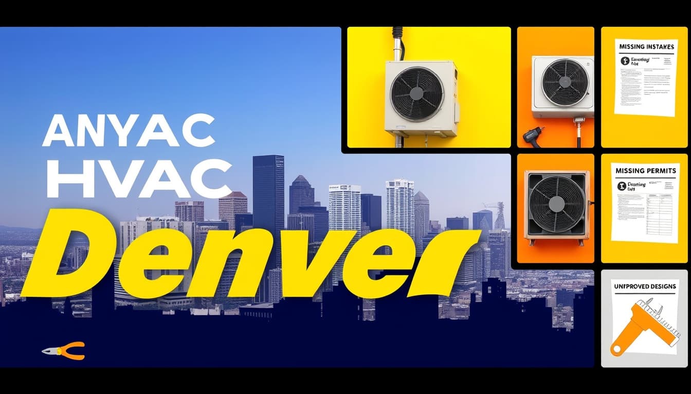 a collage of hvac installation scenes in denver, showcasing common mistakes like improperly installed units, missing permits, and unapproved designs, with visual elements emphasizing the city skyline in the background and tools scattered around, highlighting the theme of avoiding construction errors.