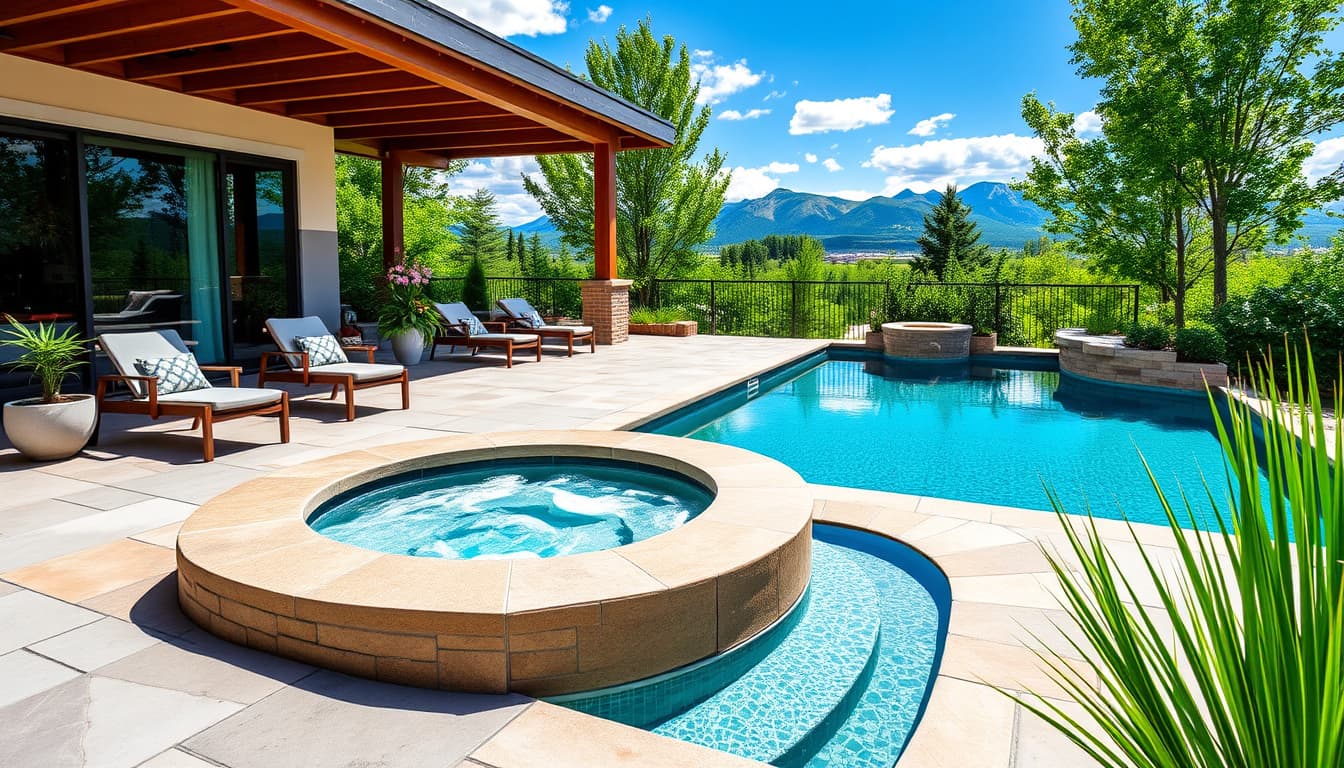 a serene outdoor space in denver featuring a beautifully designed hot tub slab and an inviting pool deck surrounded by lush greenery and mountains in the background, showcasing a perfect blend of relaxation and nature.