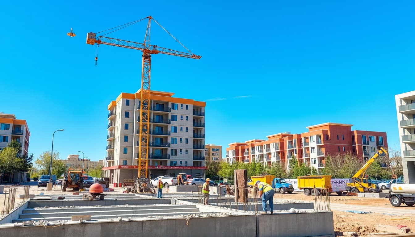 a bustling construction site in denver under a clear blue sky, featuring workers skillfully pouring concrete into forms, surrounded by modern residential buildings. the scene captures the dynamic energy of the construction process, with machinery, tools, and safety equipment visible.