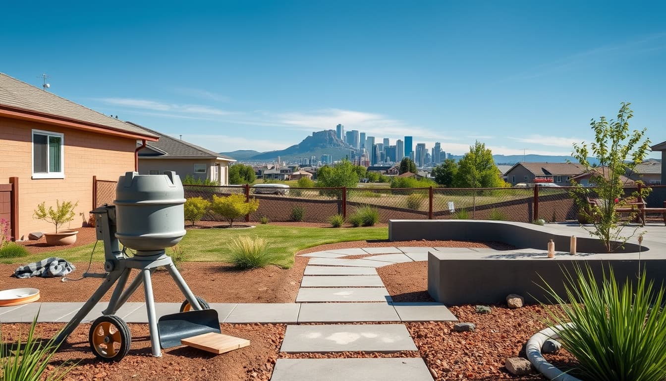 a scenic view of a diy concrete project in a suburban denver backyard, featuring tools like a trowel and mixer, completed concrete elements like a garden path or patio, and a picturesque denver skyline in the background under a clear blue sky.