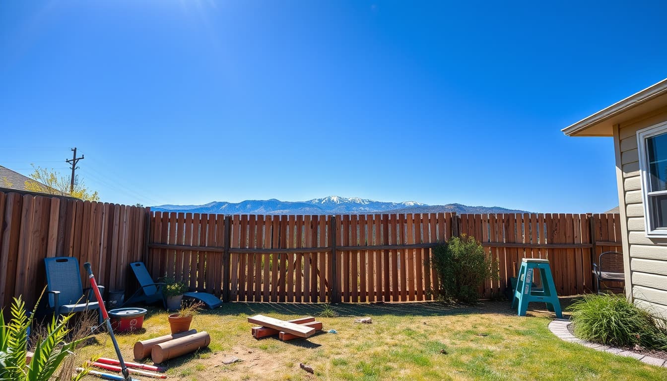 a scenic view of a residential backyard in denver with a partially constructed wooden fence, tools scattered around, and local vegetation in the foreground, showcasing the city's mountainous backdrop under a clear blue sky.