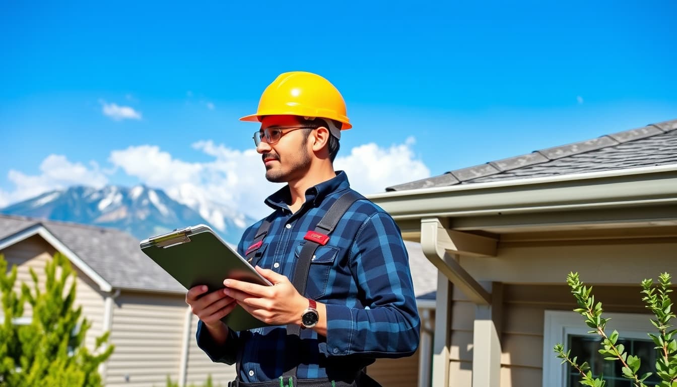 a professional inspecting home siding and gutters in a denver neighborhood, showcasing a picturesque, mountainous backdrop. the scene features a person with a clipboard, wearing a safety helmet, examining the exterior of a house with greenery and blue skies.