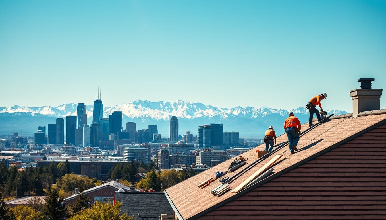 a scenic view of denver's skyline with a focus on a group of roofers working on a house, showcasing various roofing materials and tools. the image should highlight the majestic rocky mountains in the background under a clear blue sky, emphasizing the theme of home improvement and craftsmanship.