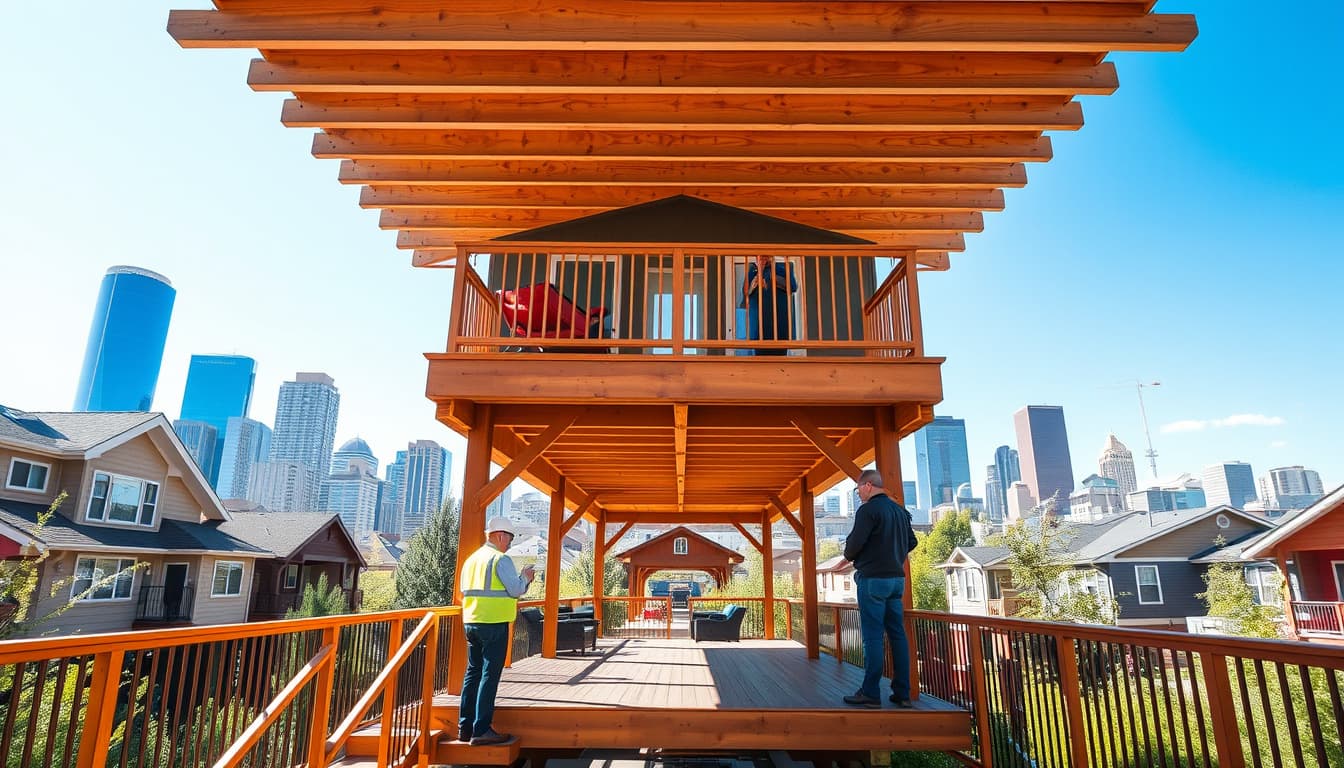 a vibrant urban scene showcasing various decks in a denver neighborhood, with inspectors analyzing the structures, highlighting common architectural elements like railings and supports, and surrounded by the iconic denver skyline in the background under a bright blue sky.