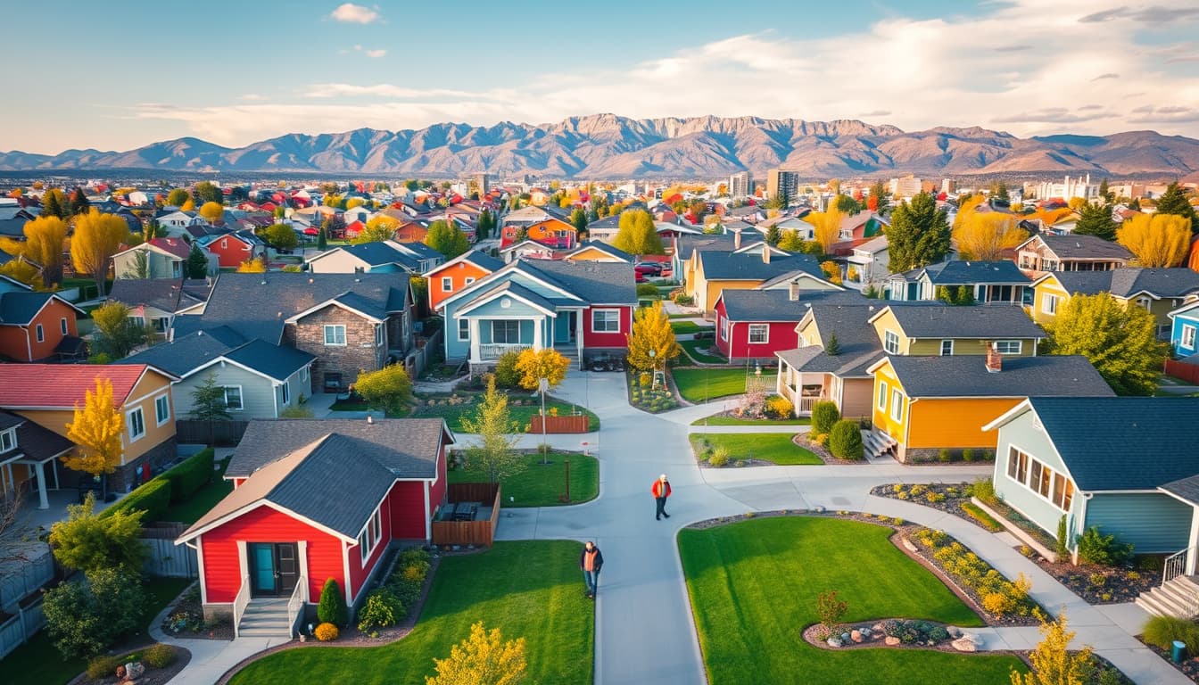 an aerial view of a bustling denver neighborhood with colorful houses, well-manicured lawns, and landscapers working with tools and plants, emphasizing a vibrant city life with the rocky mountains in the background.