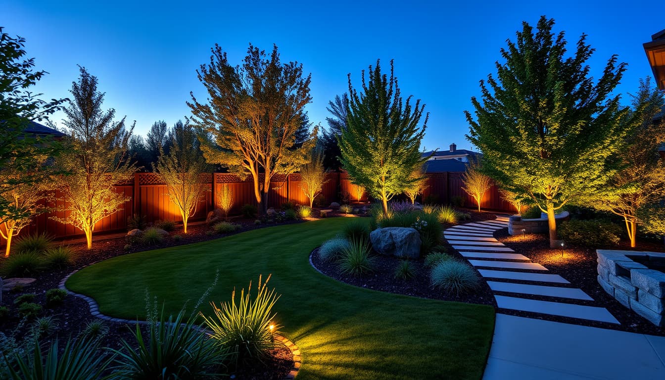 a beautifully landscaped garden in denver at dusk, featuring elegant landscape lighting that highlights trees and pathways. the scene should evoke a warm, inviting atmosphere with soft glowing lights illuminating the plants and the cozy surroundings.
