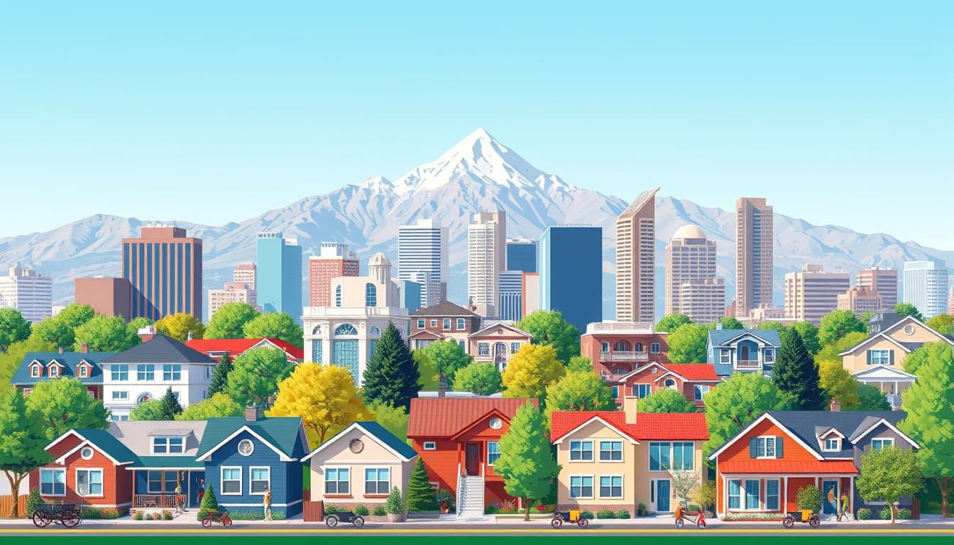 a vibrant cityscape of denver, showcasing various home and garden improvements such as landscaping, painting, and small renovations, set against the backdrop of the rocky mountains. include a clear blue sky, people engaging in home improvement activities, and a mix of modern and traditional architecture.