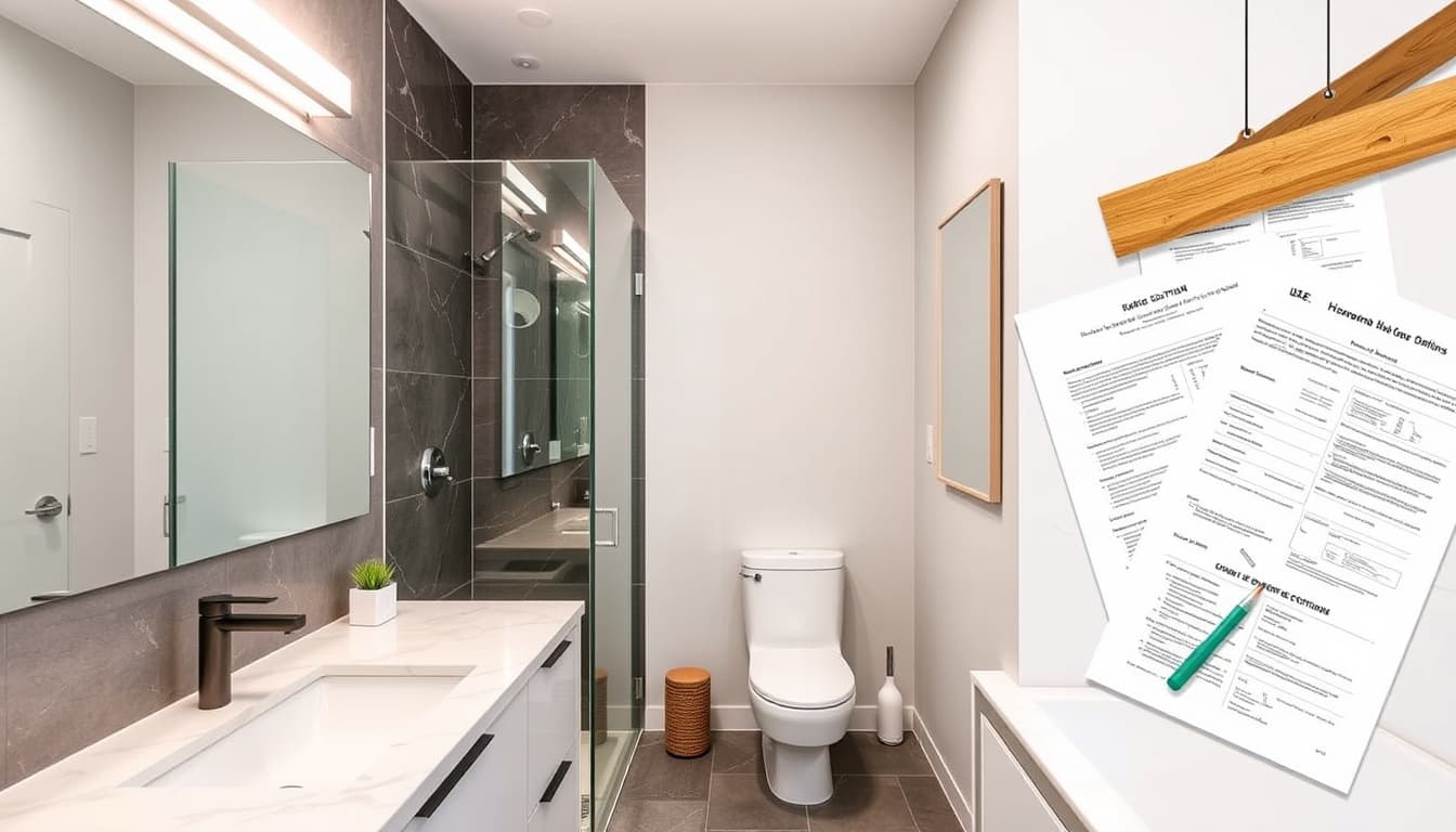 a modern bathroom remodel in denver, showcasing sleek design elements like a glass shower, marble countertops, and contemporary fixtures, while subtly hinting at the challenges of navigating local regulations and homeowner associations, with construction blueprints and paperwork subtly included in the scene.