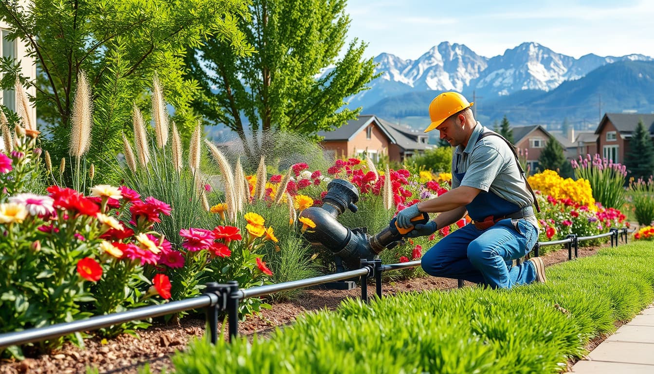 a vibrant outdoor scene in denver featuring a skilled plumber working on an irrigation system, surrounded by lush green gardens and colorful flowers, with the iconic rocky mountains in the background. the setting conveys a sense of community and nature, highlighting the importance of proper plumbing and irrigation in maintaining beautiful landscapes.