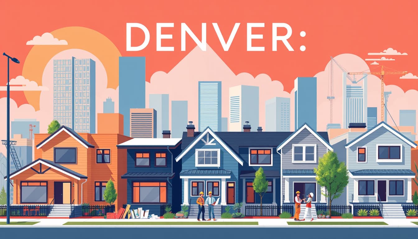 a vibrant urban scene in denver showcasing a variety of home remodels, including modern and traditional architecture styles, with construction workers and architects collaborating on design plans, surrounded by city landmarks and natural beauty, emphasizing themes of innovation, teamwork, and community development.