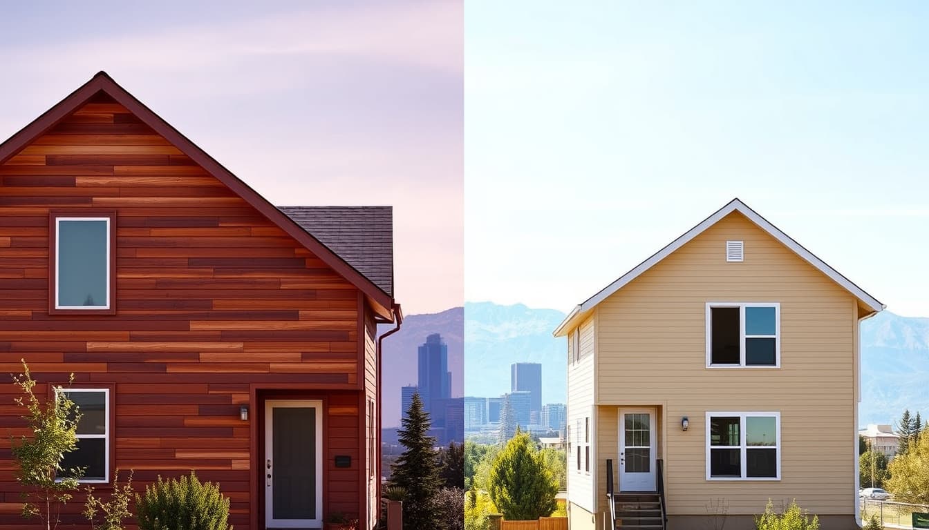 a contrasting visual scene showcasing a house with partially repaired siding on one side and freshly installed full replacement siding on the other, set against the backdrop of the denver skyline, with clear blue skies and mountains in the distance.