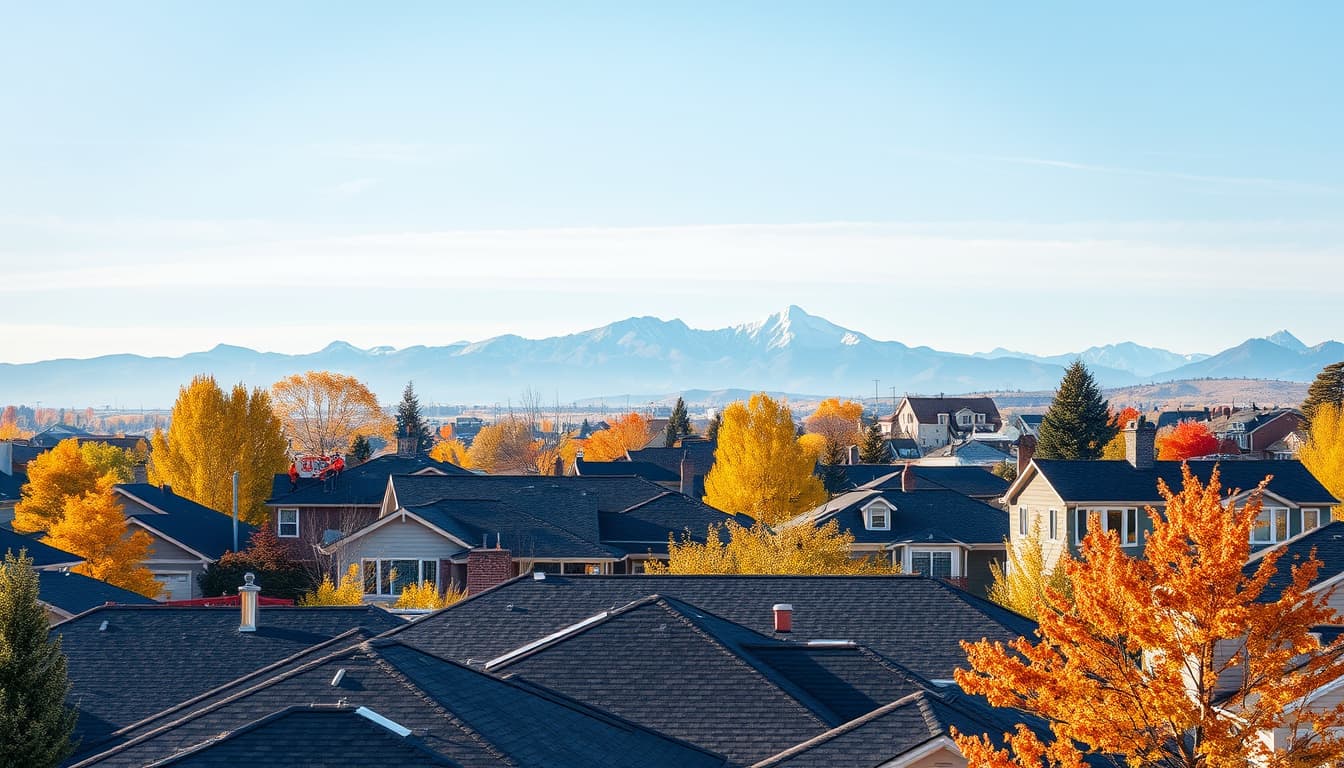 a picturesque denver neighborhood featuring a variety of houses with various roofing styles, construction workers on rooftops, and vibrant autumn trees. the scene captures the bustling activity of a roofing project, with tools and materials visible, against a backdrop of the rocky mountains under a clear blue sky.