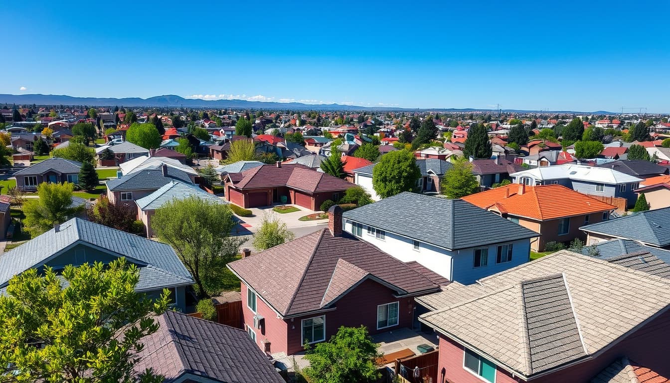 a scenic view of a residential neighborhood in denver with various styles of roofs, showcasing different roofing projects such as simple repairs, maintenance work, and aesthetic enhancements, all under a clear blue sky, highlighting urban architecture and natural surroundings.